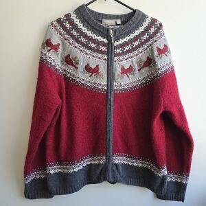 Croft & Barrow Silk Blend Fair Isle Cardinal Full Zip Cardigan Sz XL Red Holiday